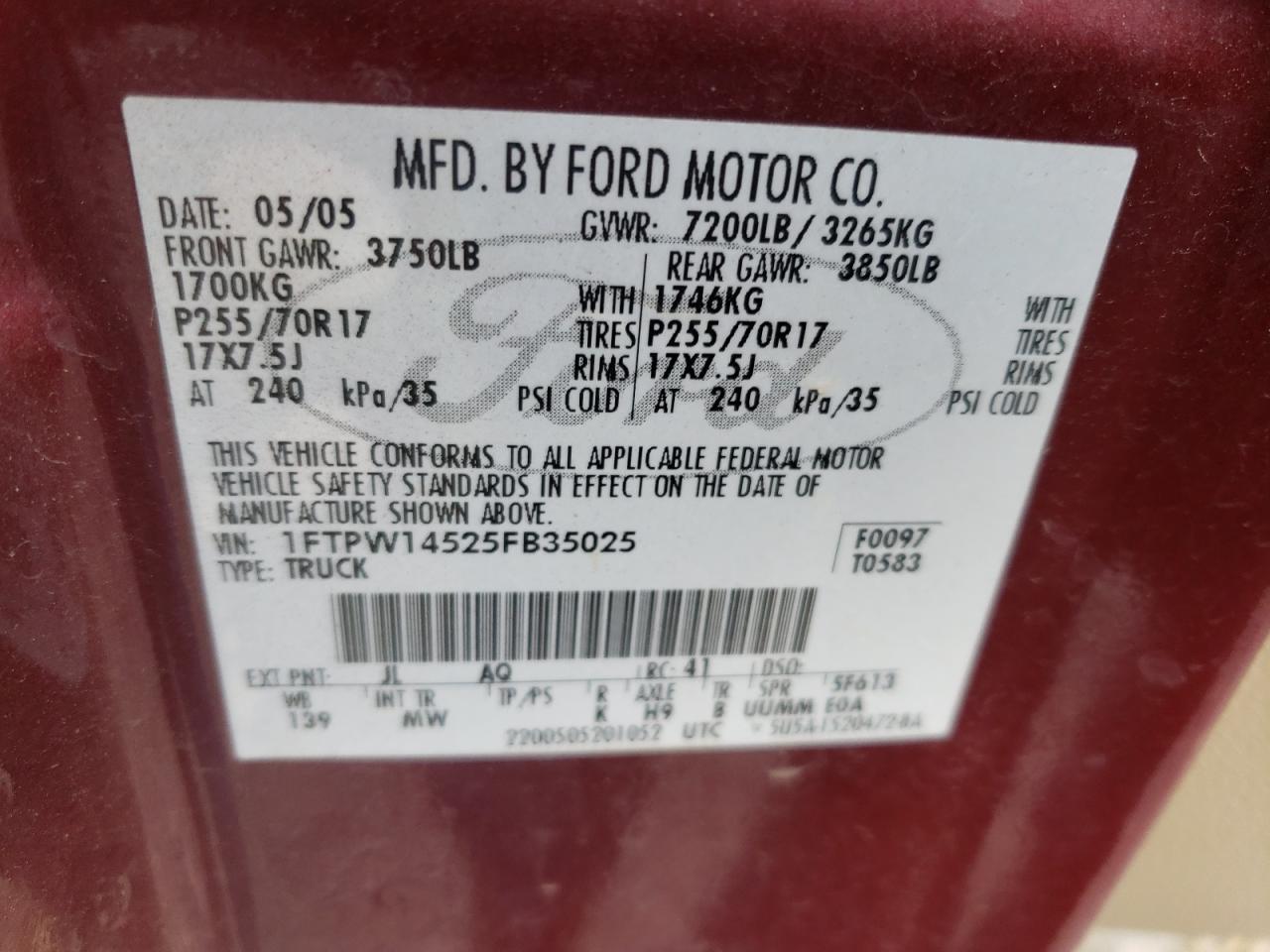 2005 Ford F150 Supercrew VIN: 1FTPW14525FB35025 Lot: 66500654