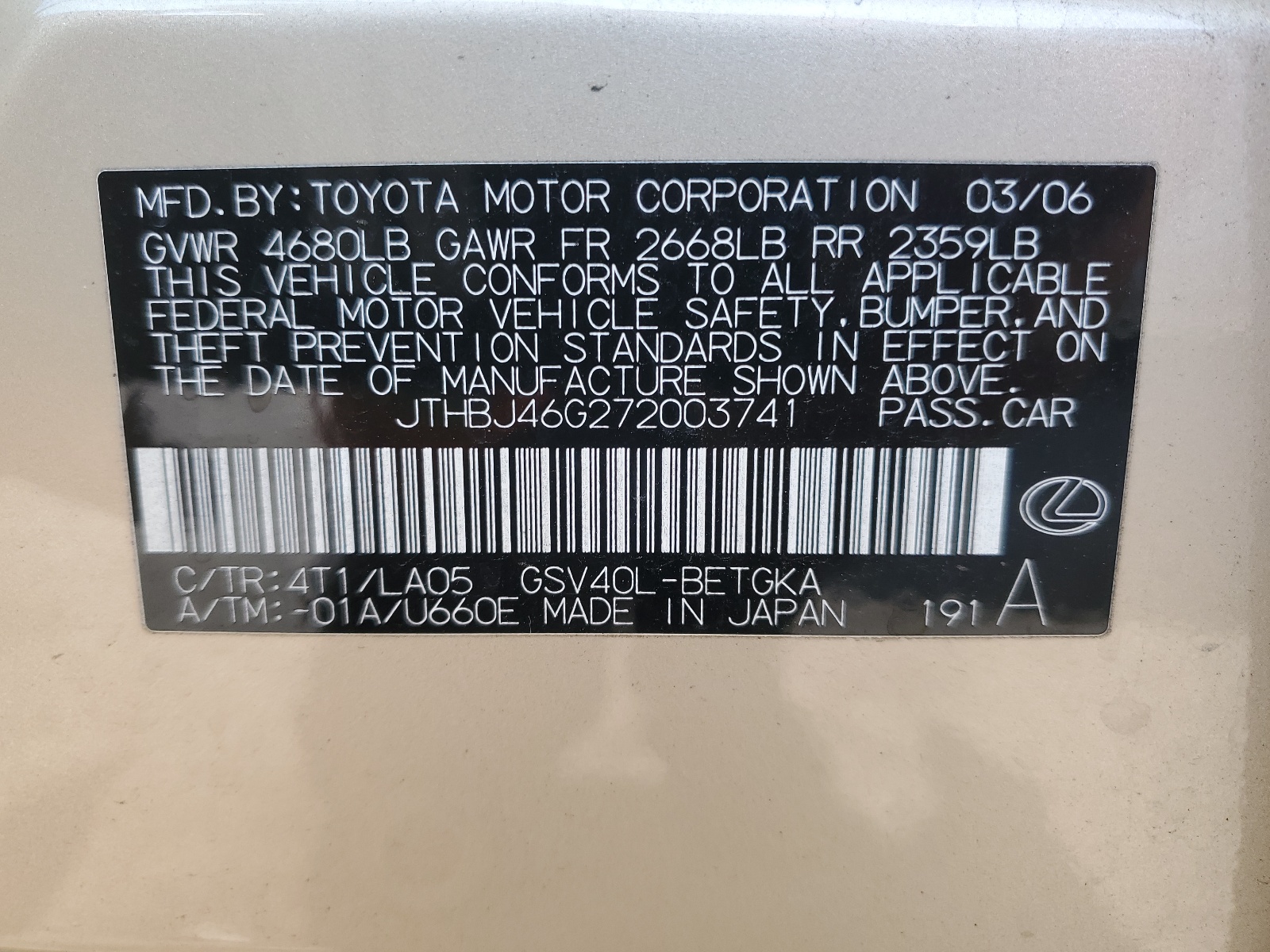 JTHBJ46G272003741 2007 Lexus Es 350