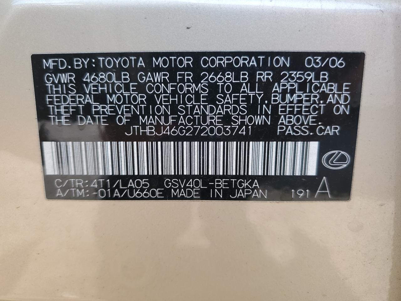 2007 Lexus Es 350 VIN: JTHBJ46G272003741 Lot: 67864074