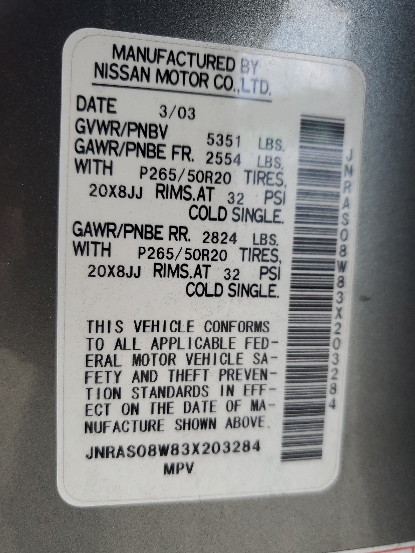 JNRAS08W83X203284 2003 Infiniti Fx35