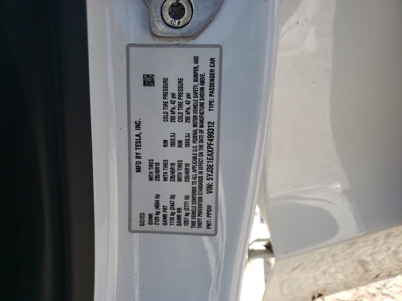 5YJ3E1EAXPF499312 2023 Tesla Model 3