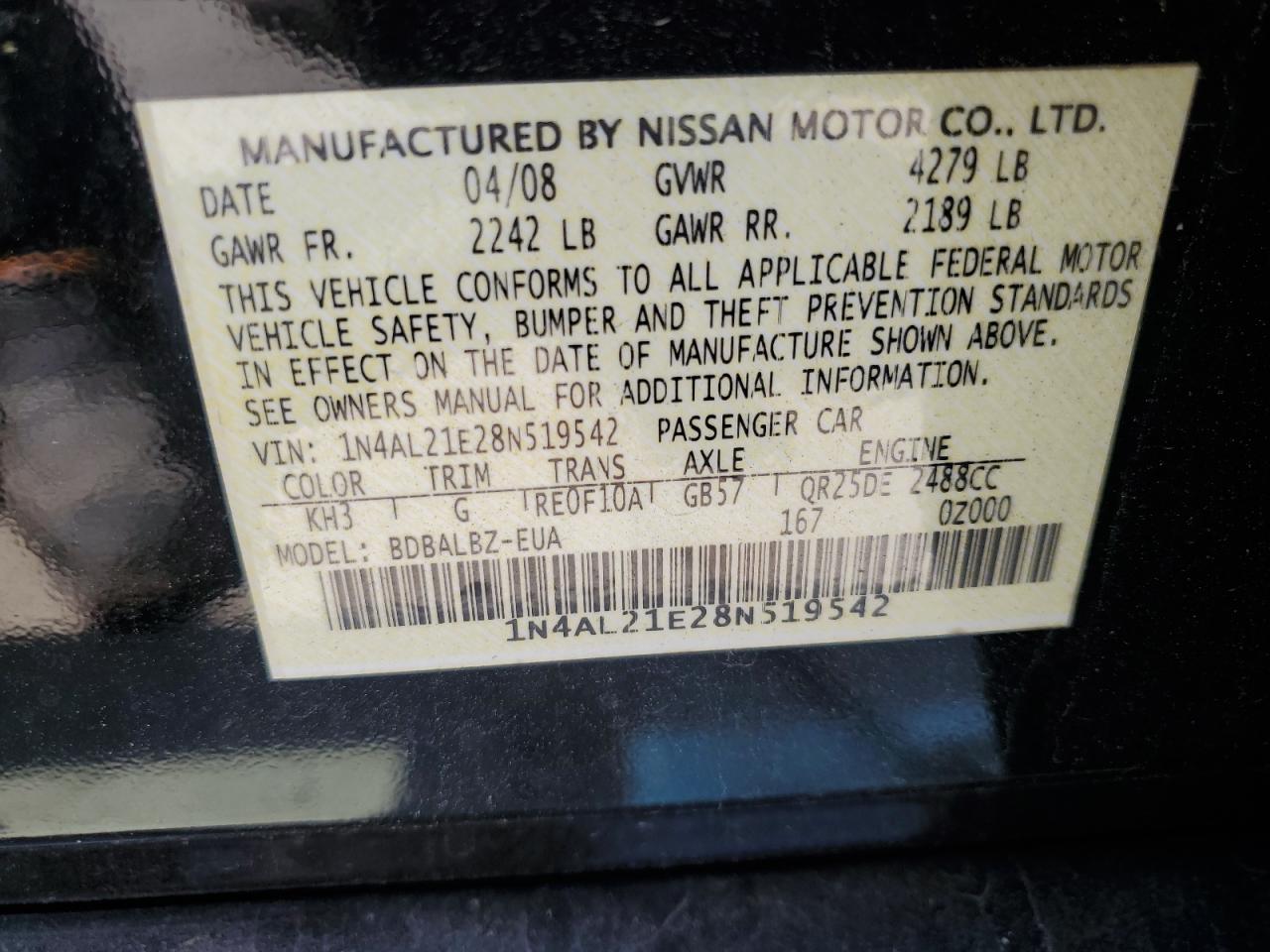 1N4AL21E28N519542 2008 Nissan Altima 2.5