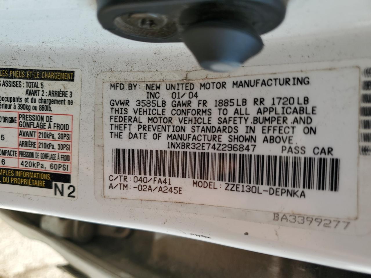 2004 Toyota Corolla Ce VIN: 1NXBR32E74Z296847 Lot: 67736744