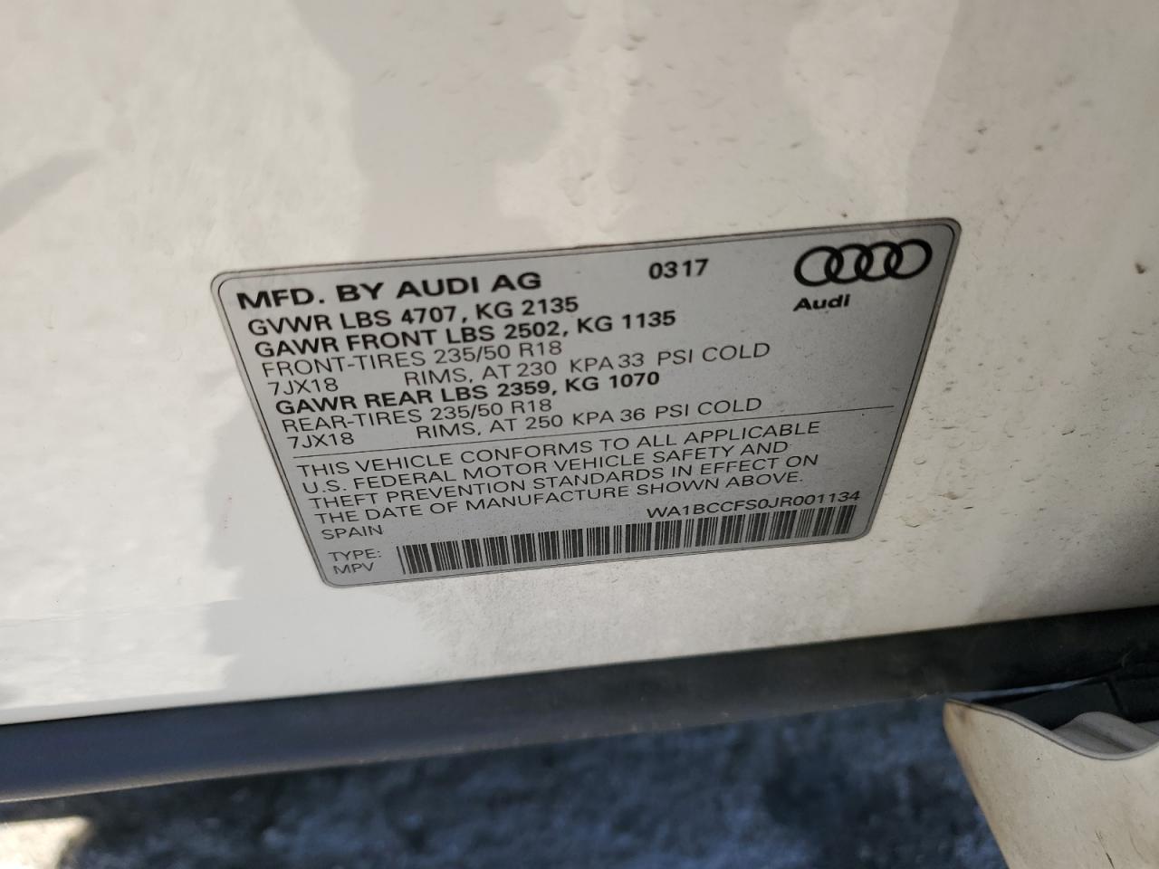 2018 Audi Q3 Premium VIN: WA1BCCFS0JR001134 Lot: 67999434