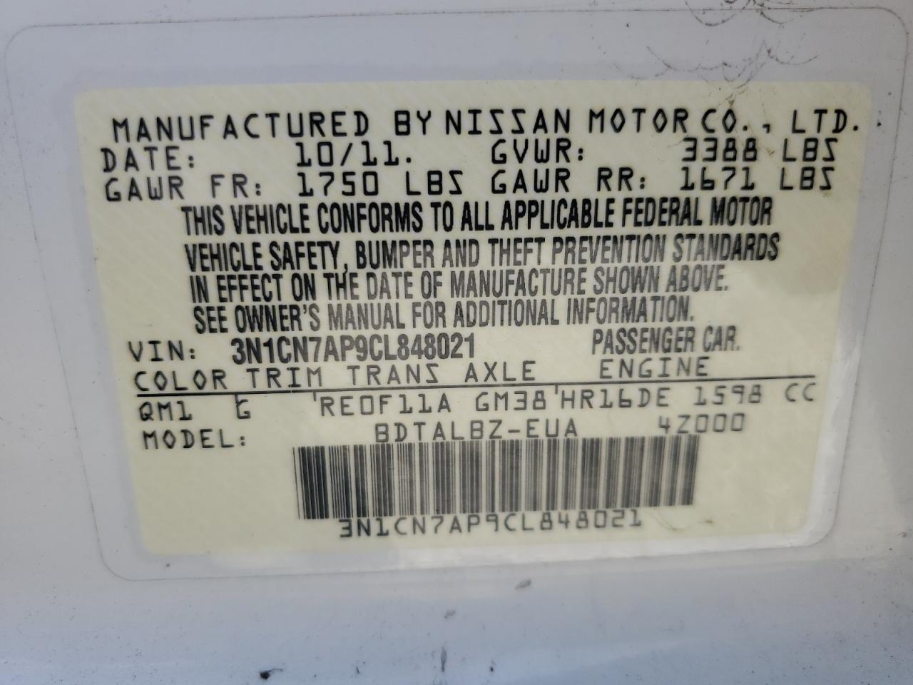 2012 Nissan Versa S VIN: 3N1CN7AP9CL848021 Lot: 66030024