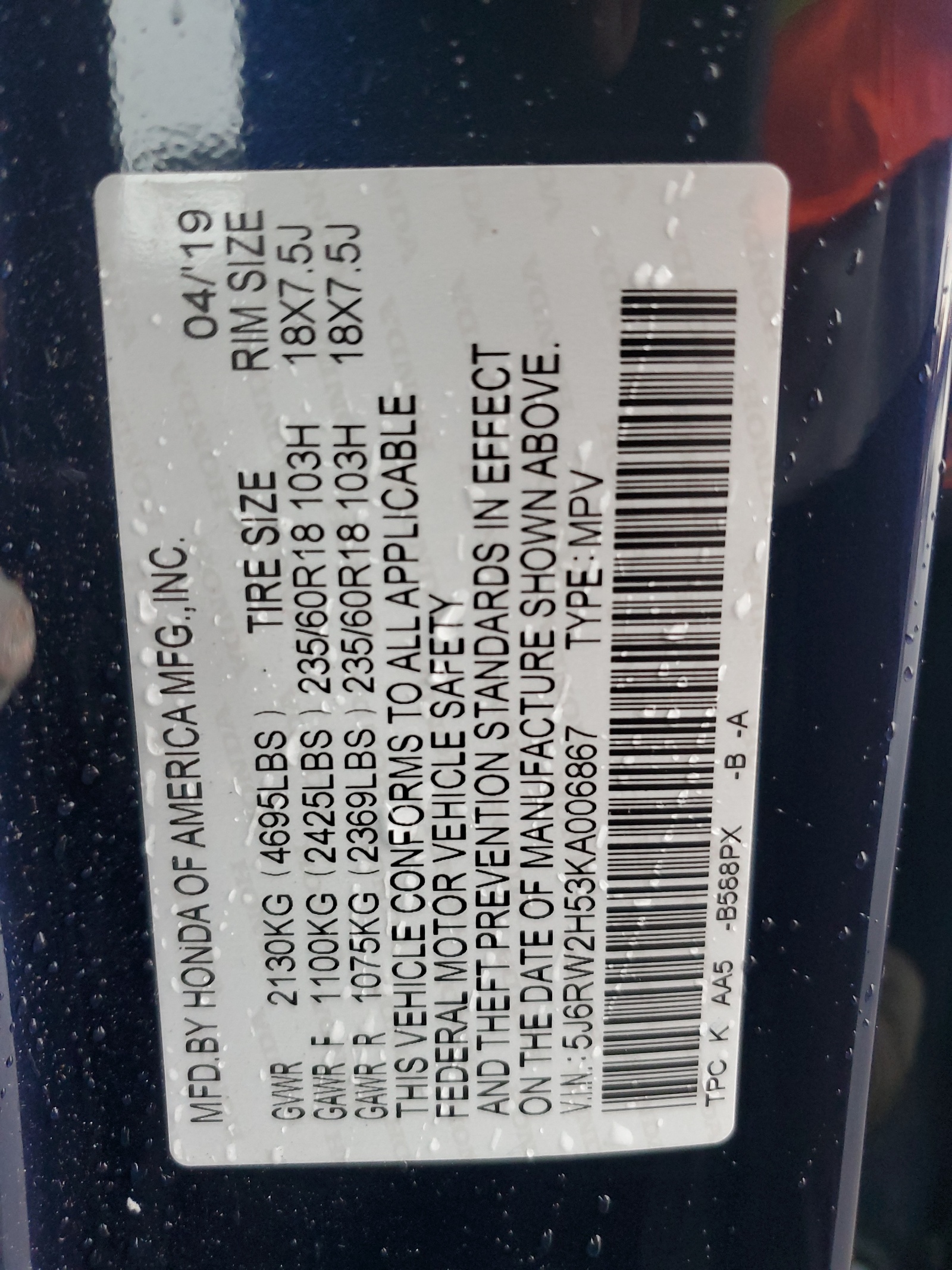 5J6RW2H53KA006867 2019 Honda Cr-V Ex