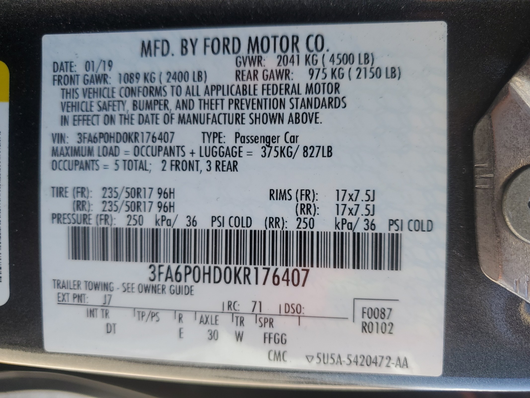 3FA6P0HD0KR176407 2019 Ford Fusion Se