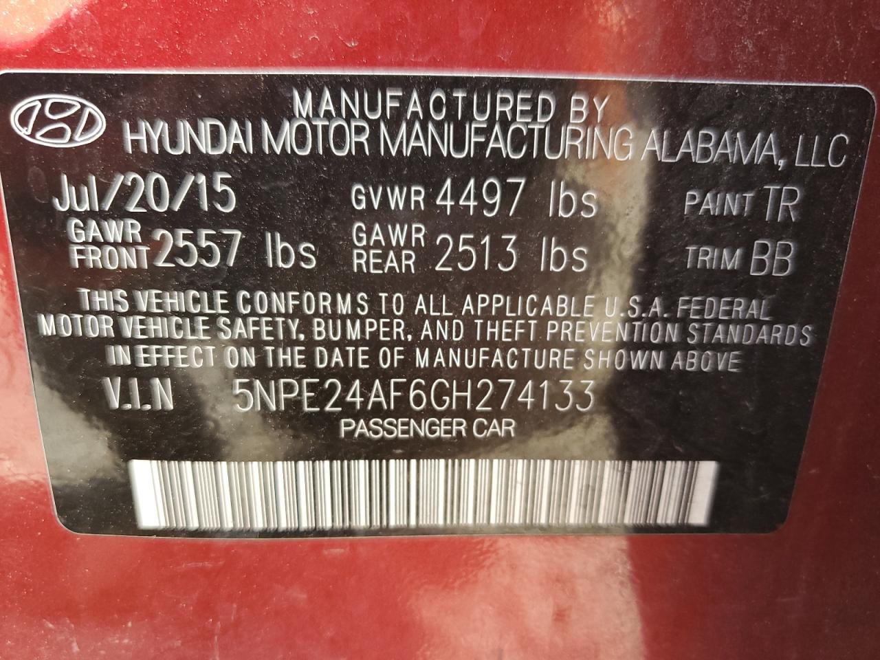 5NPE24AF6GH274133 2016 Hyundai Sonata Se