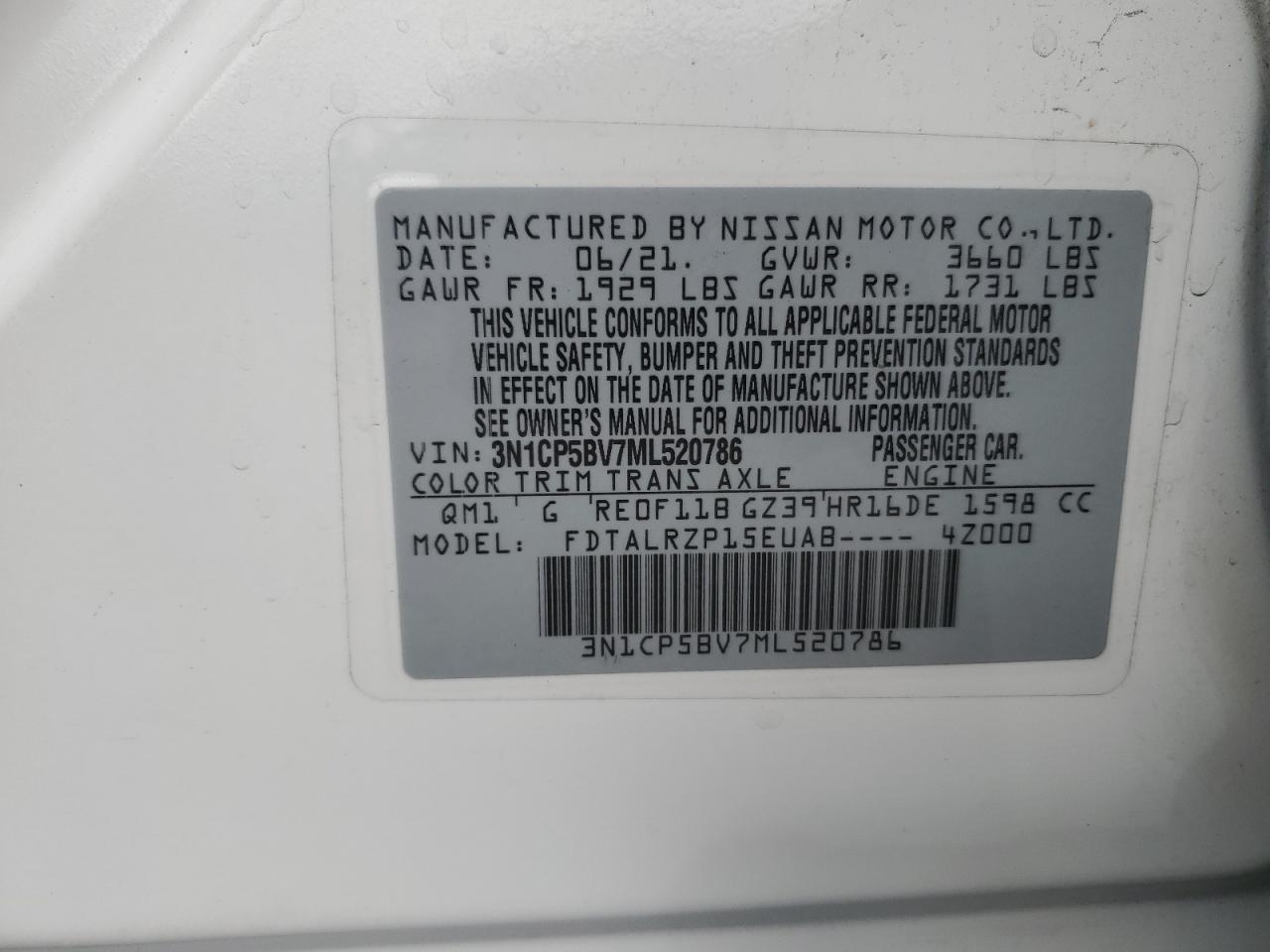 3N1CP5BV7ML520786 2021 Nissan Kicks S