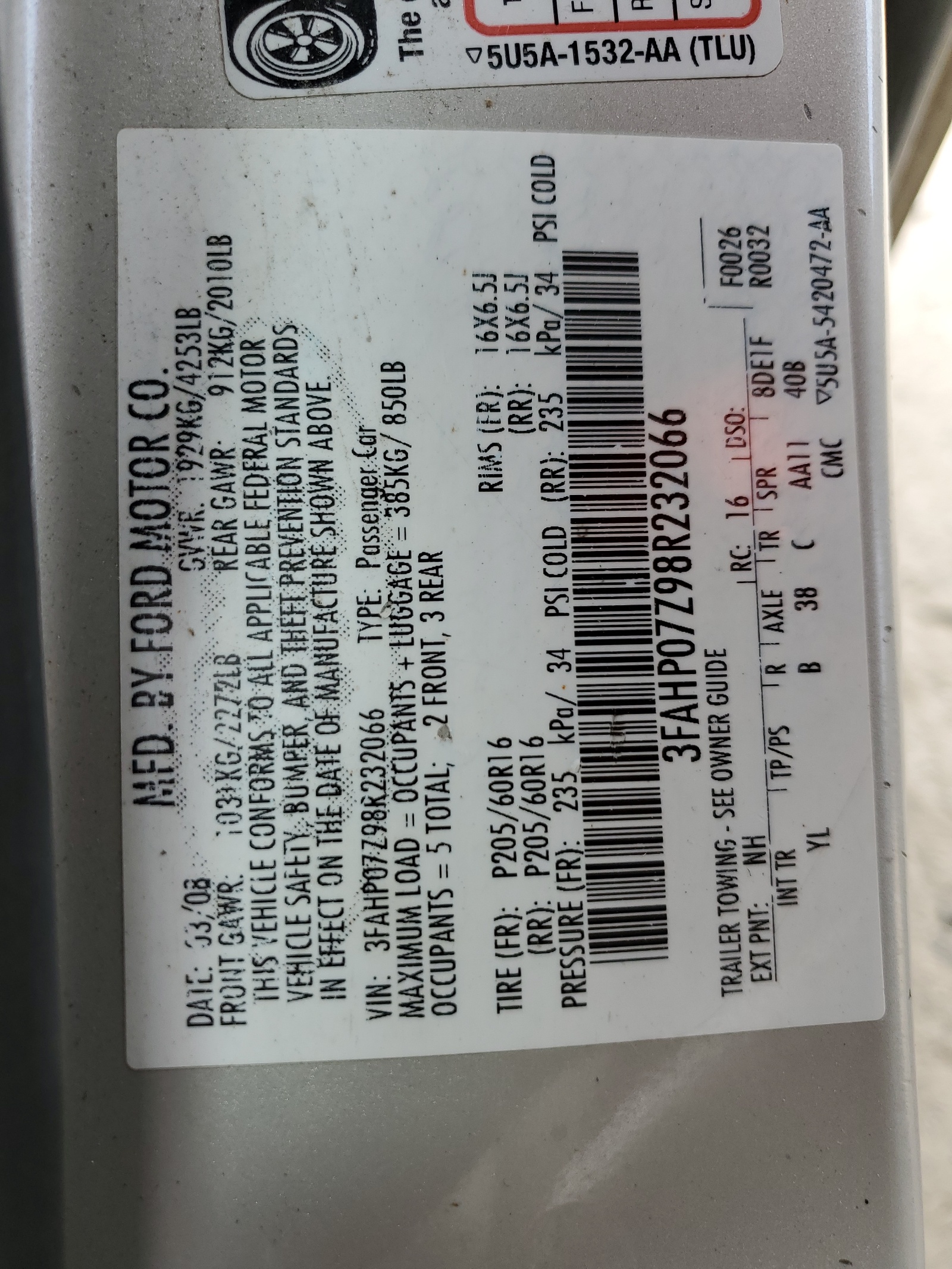 3FAHP07Z98R232066 2008 Ford Fusion Se