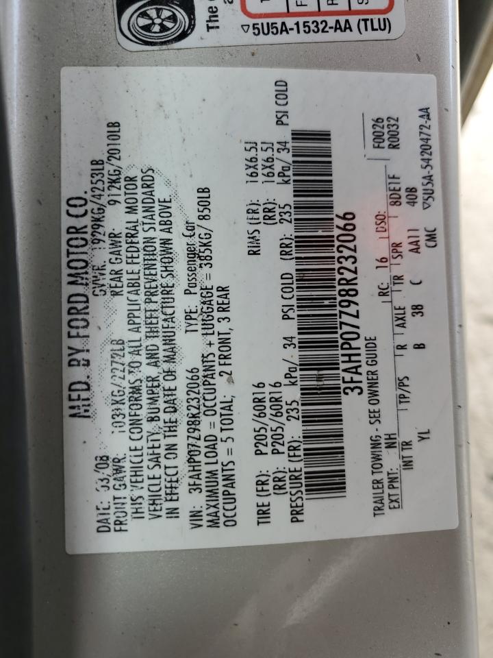 2008 Ford Fusion Se VIN: 3FAHP07Z98R232066 Lot: 67967174