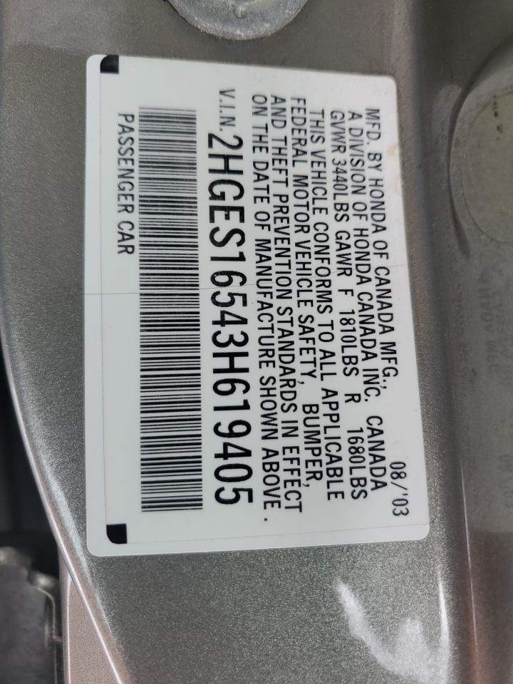 2003 Honda Civic Lx VIN: 2HGES16543H619405 Lot: 66138174