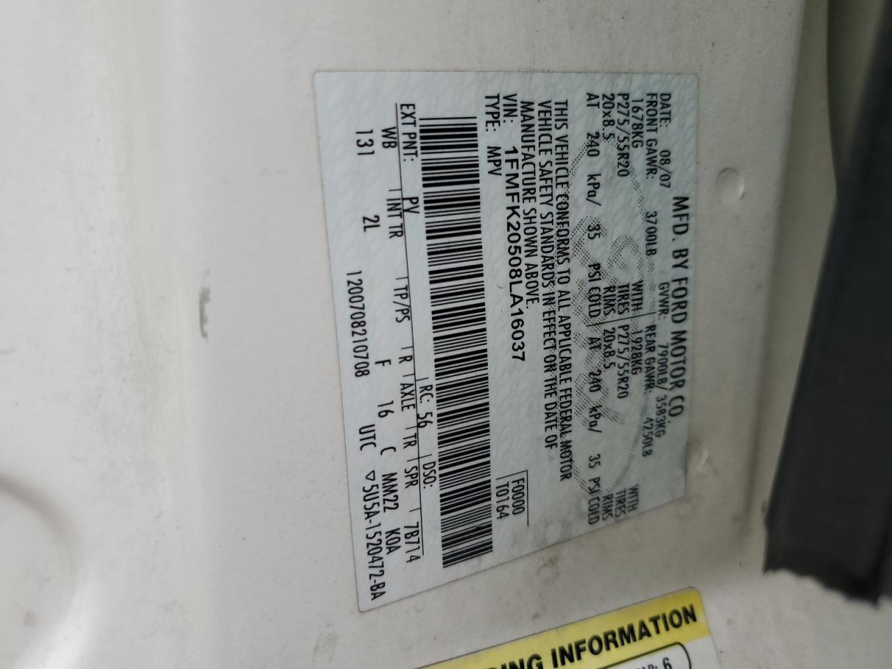 2008 Ford Expedition El Limited VIN: 1FMFK20508LA16037 Lot: 66527014