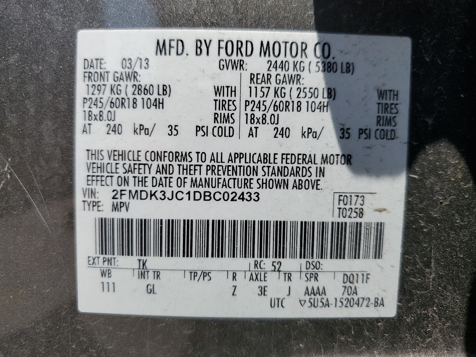 2013 Ford Edge Sel vin: 2FMDK3JC1DBC02433