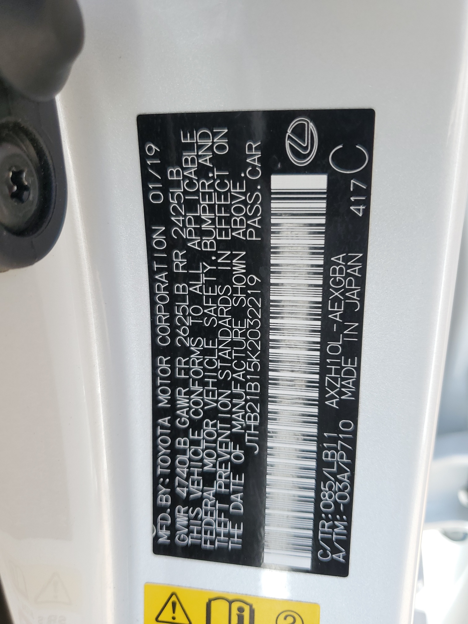 JTHB21B15K2032219 2019 Lexus Es 300H