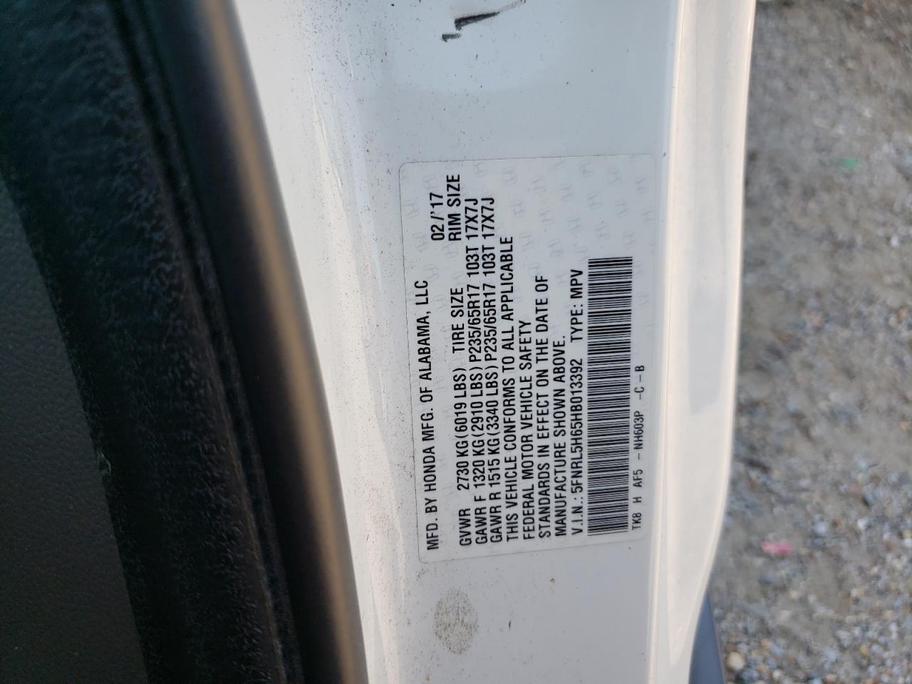 5FNRL5H65HB013392 2017 Honda Odyssey Exl