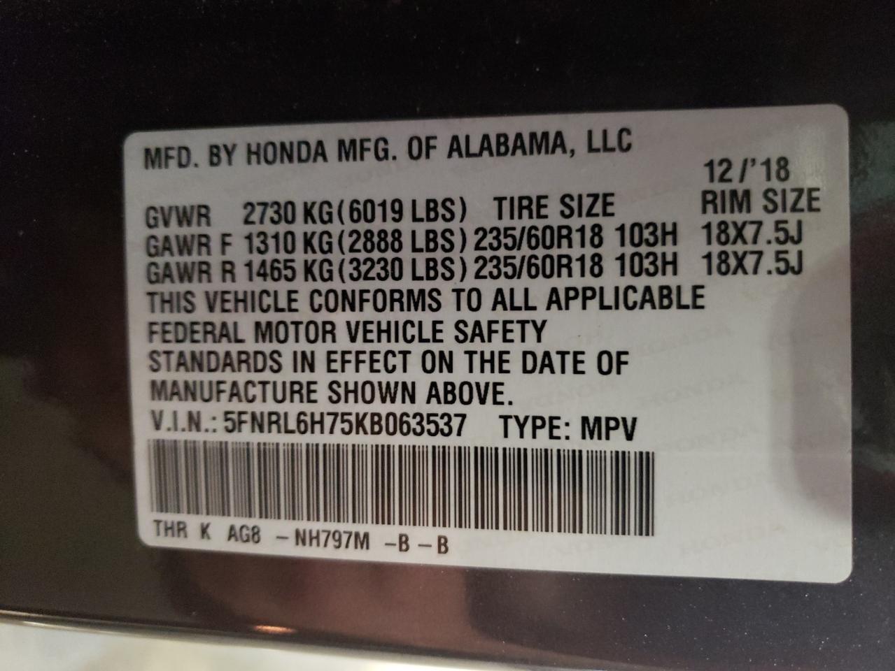 5FNRL6H75KB063537 2019 Honda Odyssey Exl