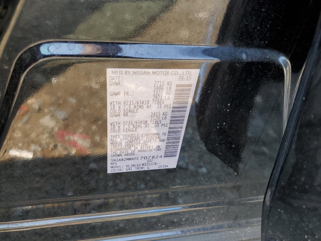 2015 Nissan Pathfinder S VIN: 5N1AR2MMXFC707824 Lot: 65732324