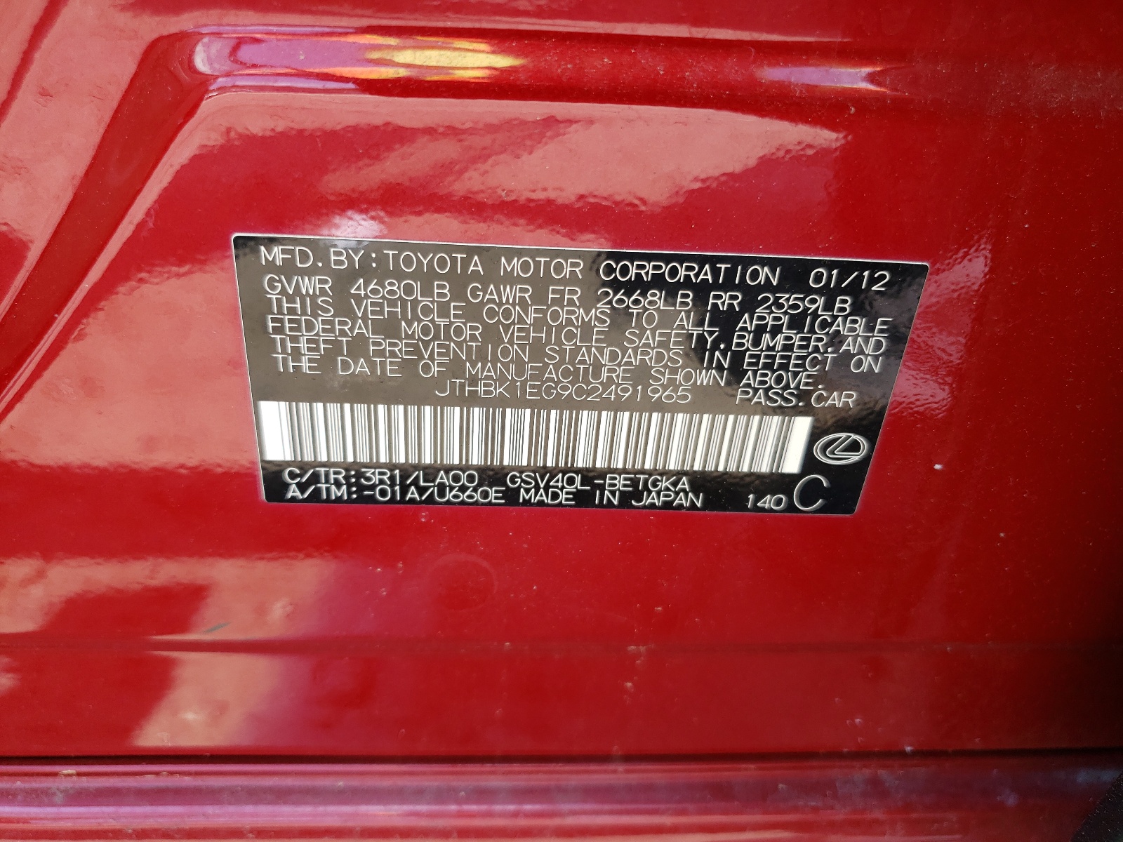 JTHBK1EG9C2491965 2012 Lexus Es 350