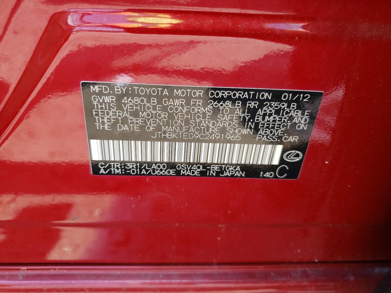 2012 Lexus Es 350 VIN: JTHBK1EG9C2491965 Lot: 65797824