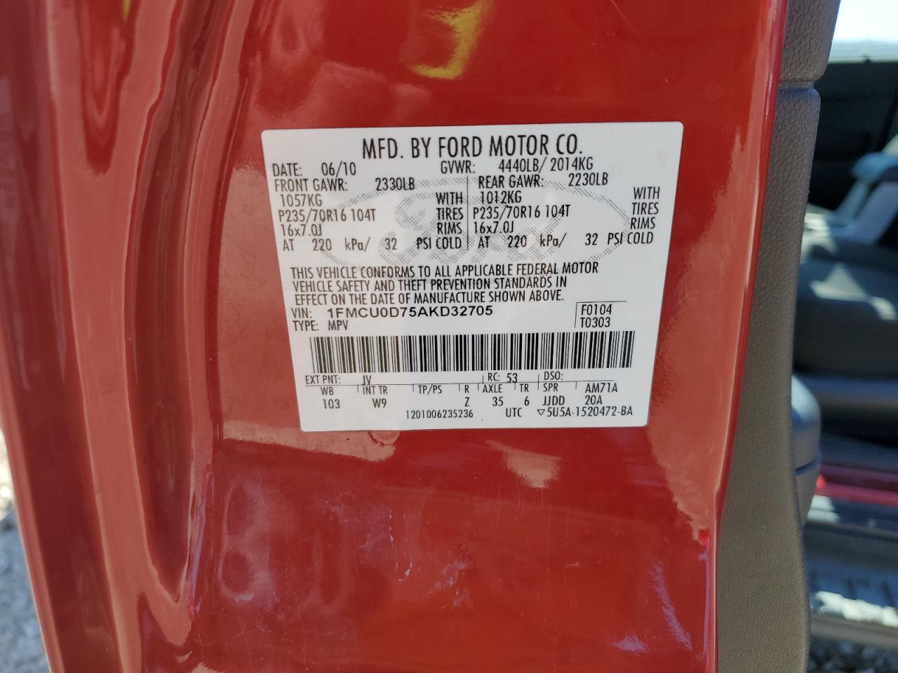 2010 Ford Escape Xlt VIN: 1FMCU0D75AKD32705 Lot: 64937264