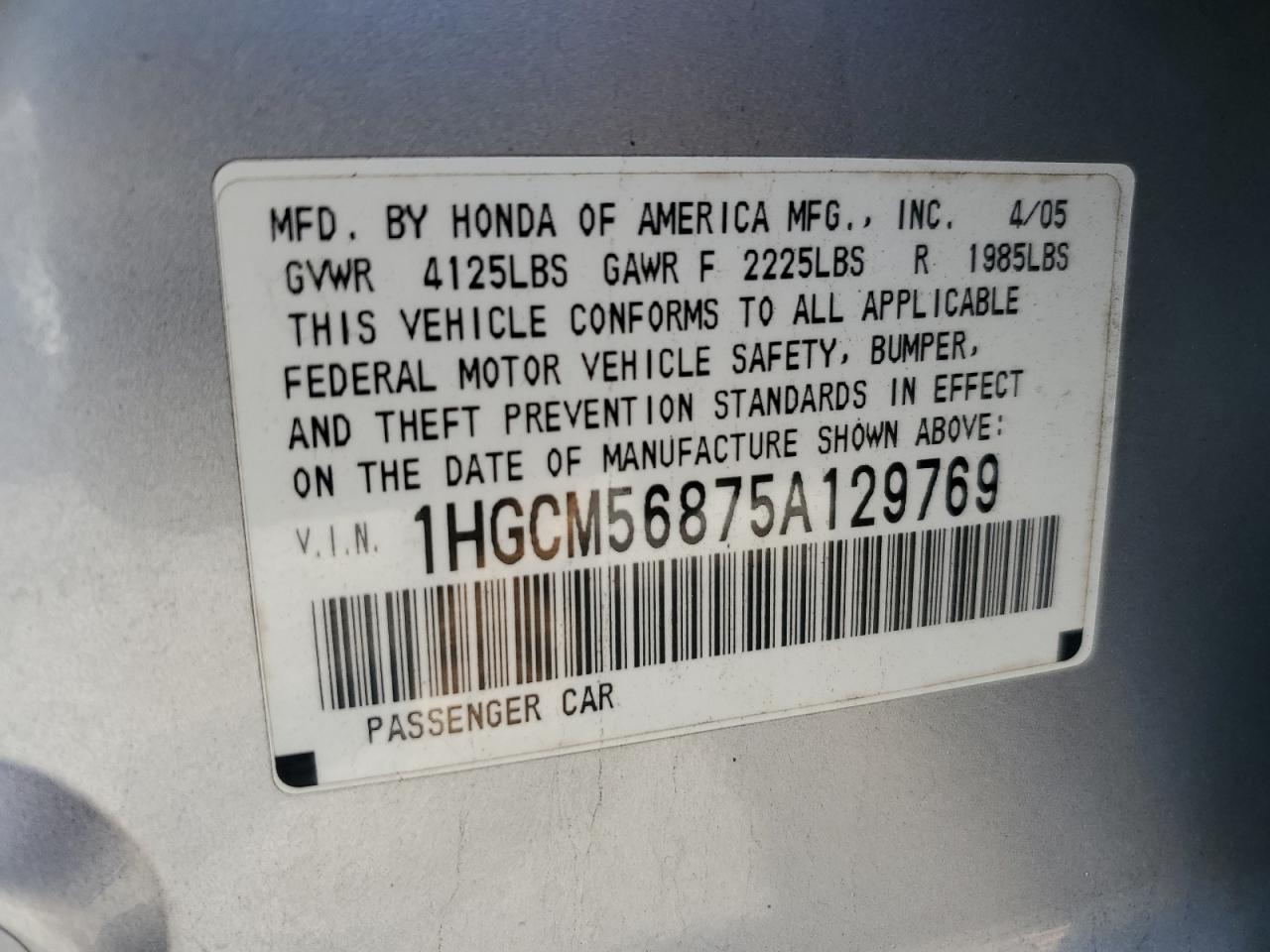 1HGCM56875A129769 2005 Honda Accord Ex