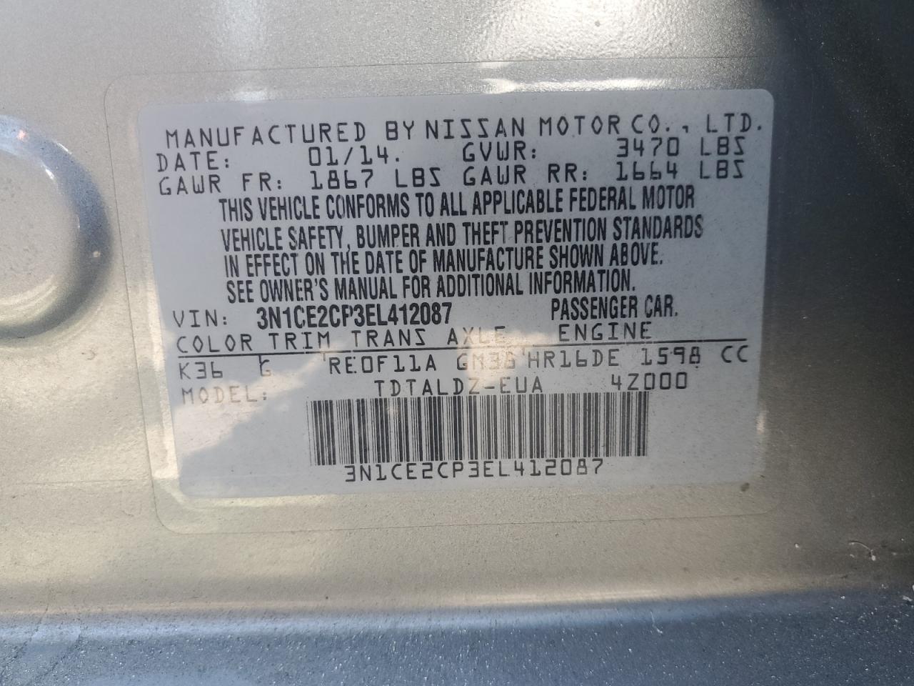 3N1CE2CP3EL412087 2014 Nissan Versa Note S