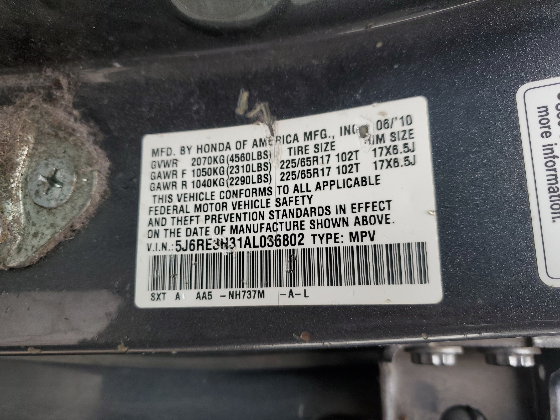 5J6RE3H31AL036802 2010 Honda Cr-V Lx