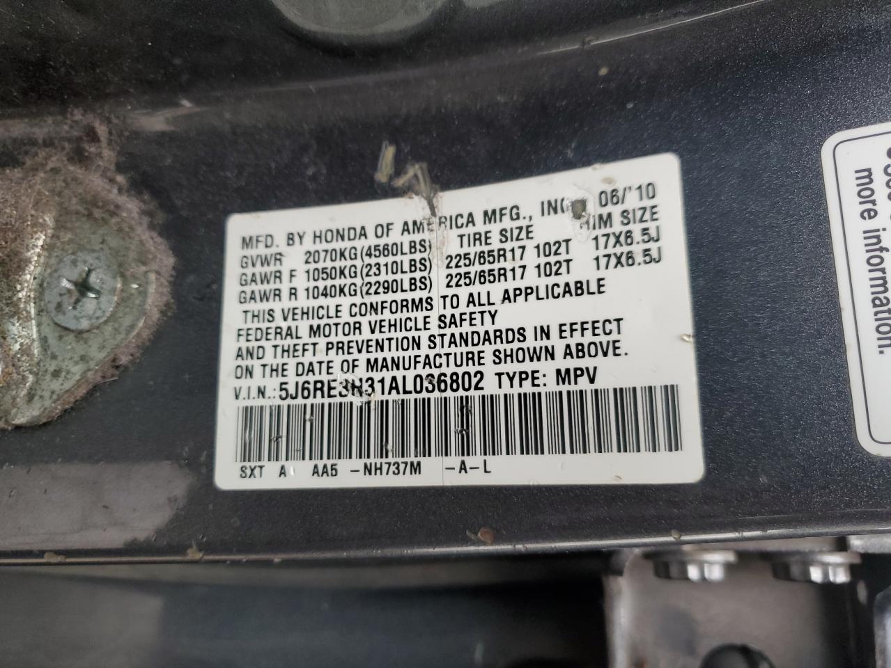 2010 Honda Cr-V Lx VIN: 5J6RE3H31AL036802 Lot: 67783694