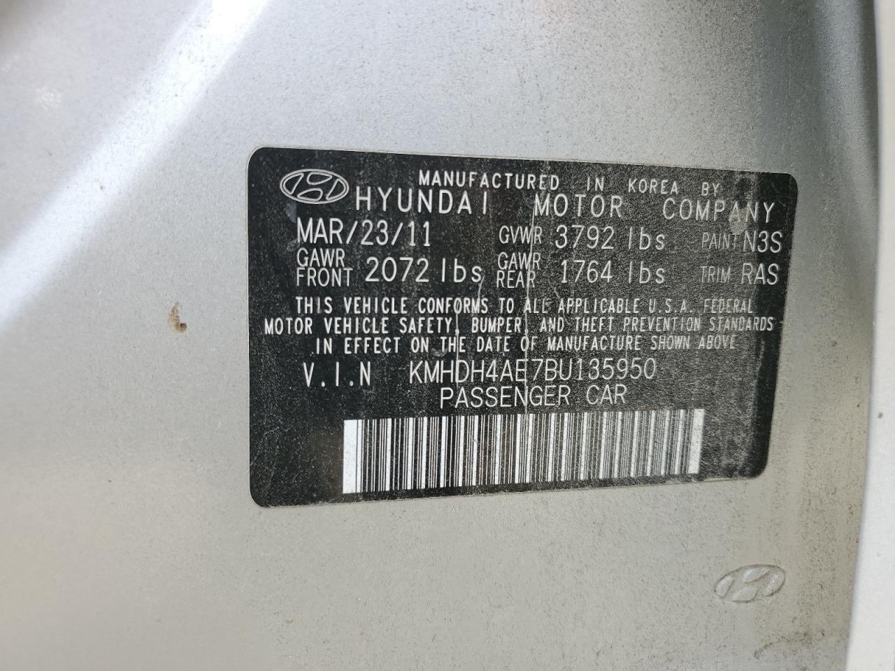 2011 Hyundai Elantra Gls VIN: KMHDH4AE7BU135950 Lot: 67846934