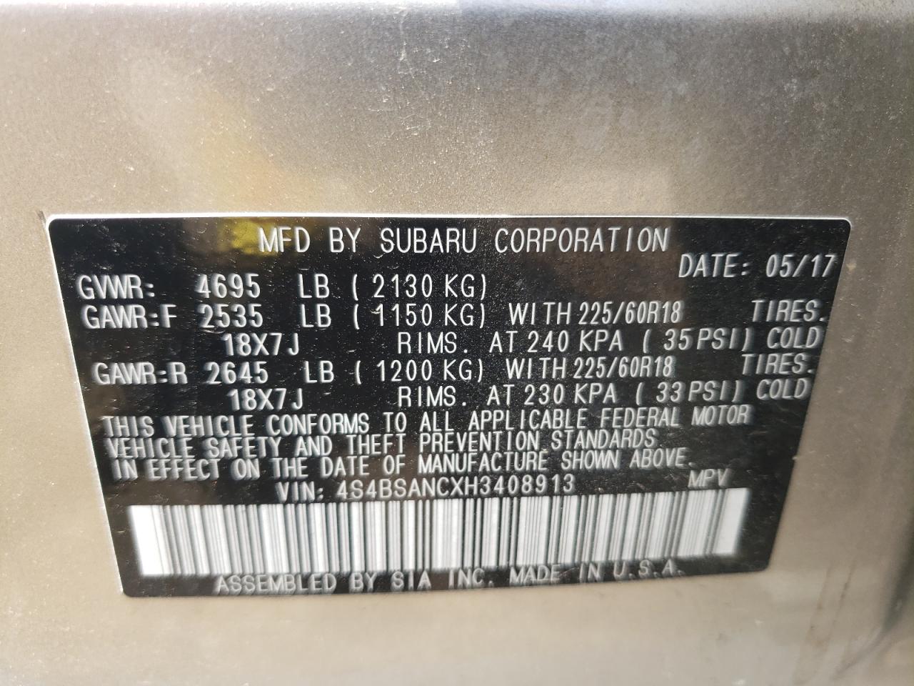 2017 Subaru Outback 2.5I Limited VIN: 4S4BSANCXH3408913 Lot: 66149354