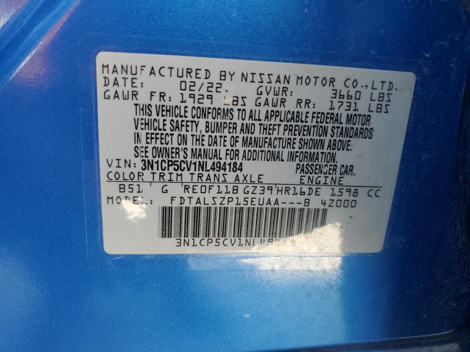 3N1CP5CV1NL494184 2022 Nissan Kicks Sv