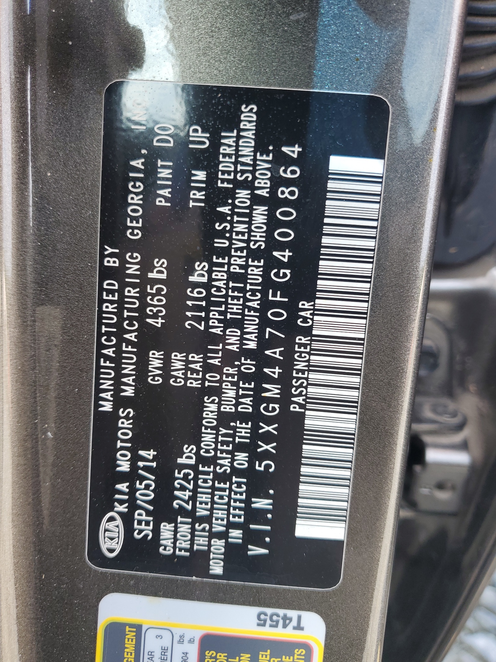 5XXGM4A70FG400864 2015 Kia Optima Lx