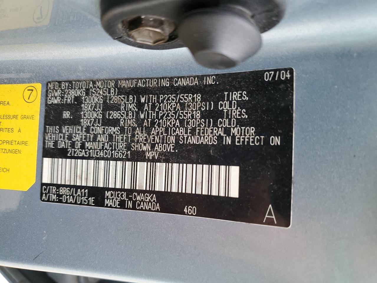 2004 Lexus Rx 330 VIN: 2T2GA31U34C016621 Lot: 65909404