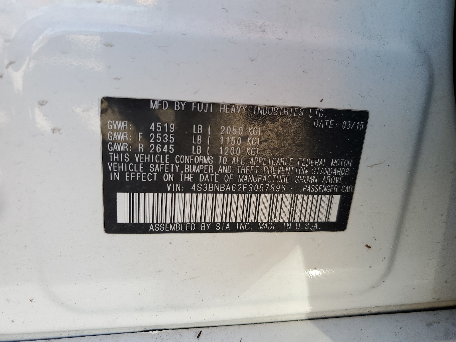 4S3BNBA62F3057896 2015 Subaru Legacy 2.5I