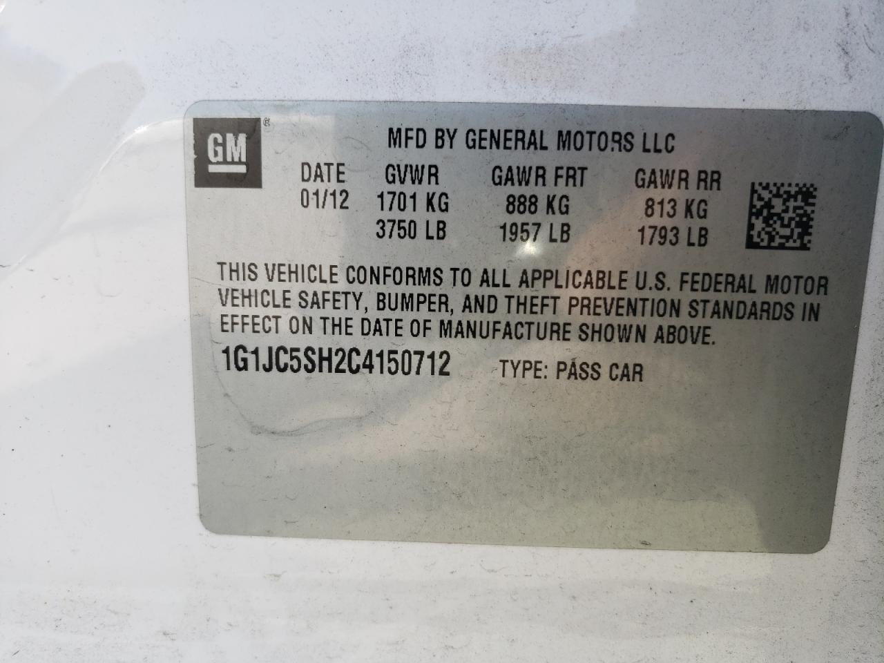 1G1JC5SH2C4150712 2012 Chevrolet Sonic Lt 1G1JC5SH2C4150712 2012 Chevrolet Sonic Lt