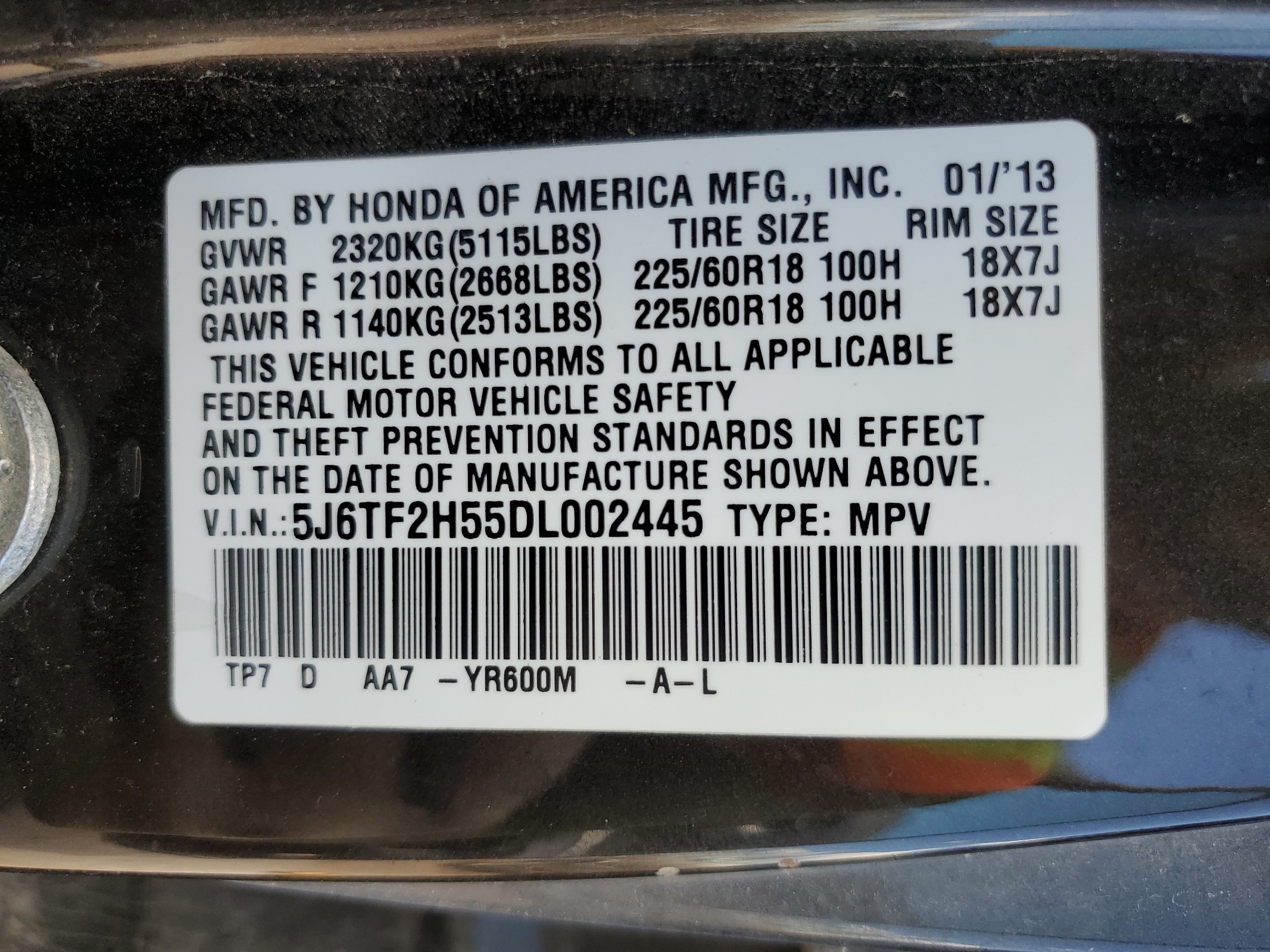 5J6TF2H55DL002445 2013 Honda Crosstour Exl