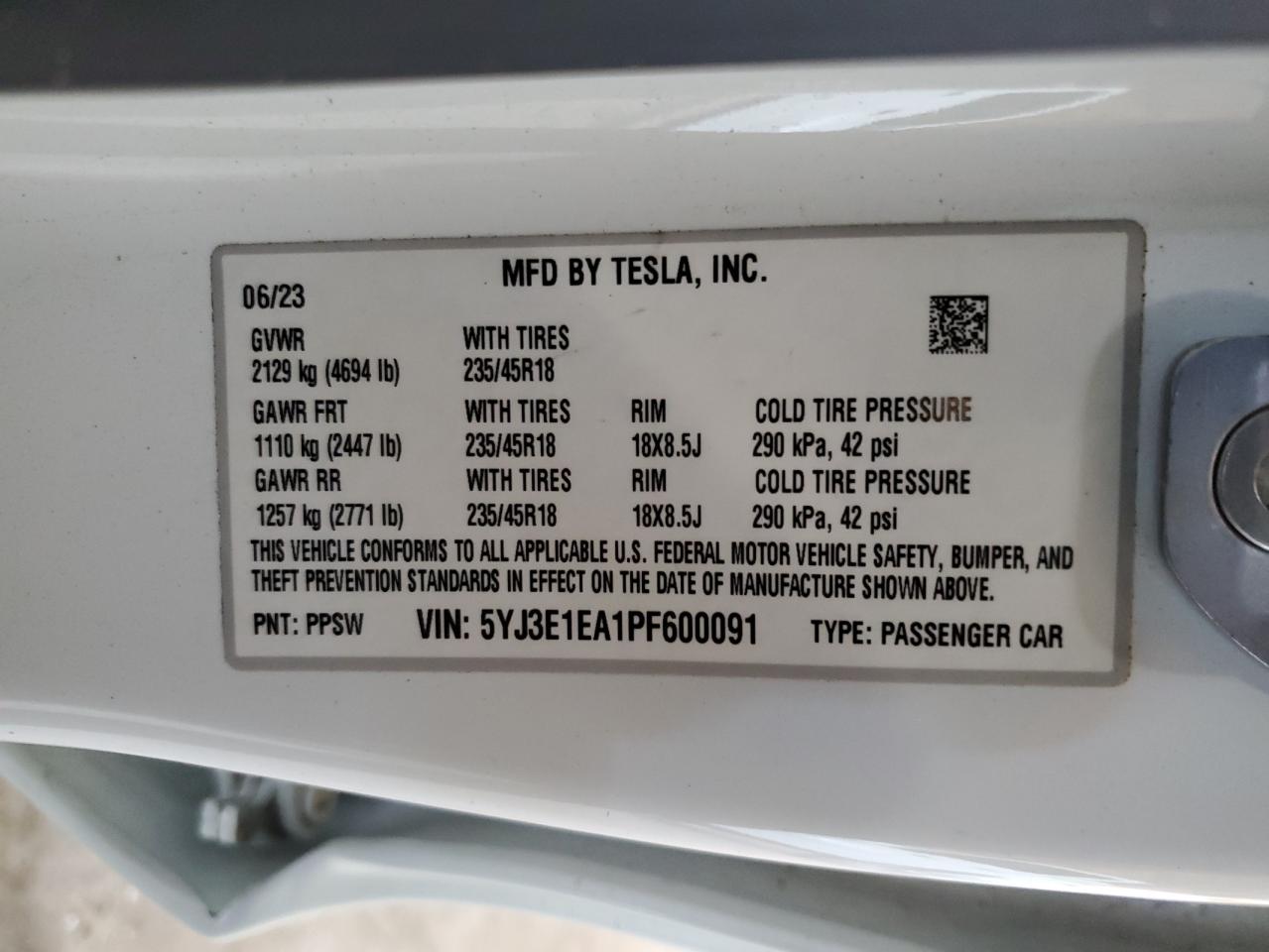 5YJ3E1EA1PF600091 2023 Tesla Model 3