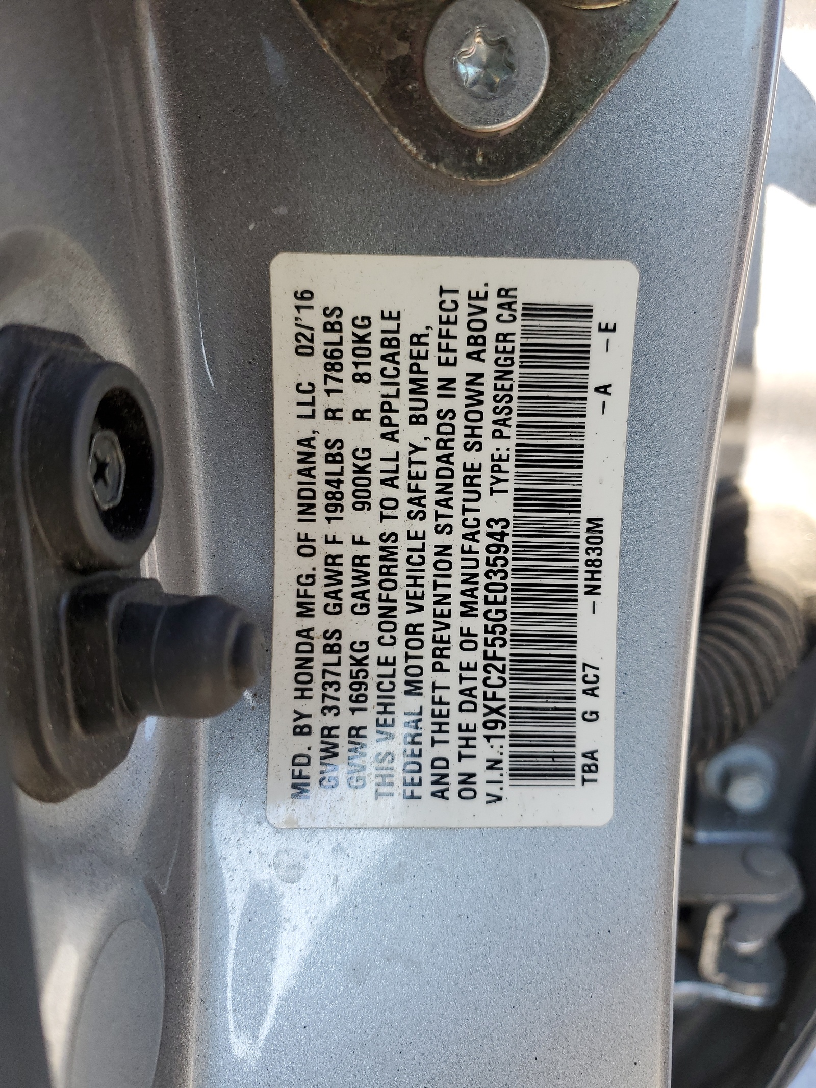 19XFC2F55GE035943 2016 Honda Civic Lx