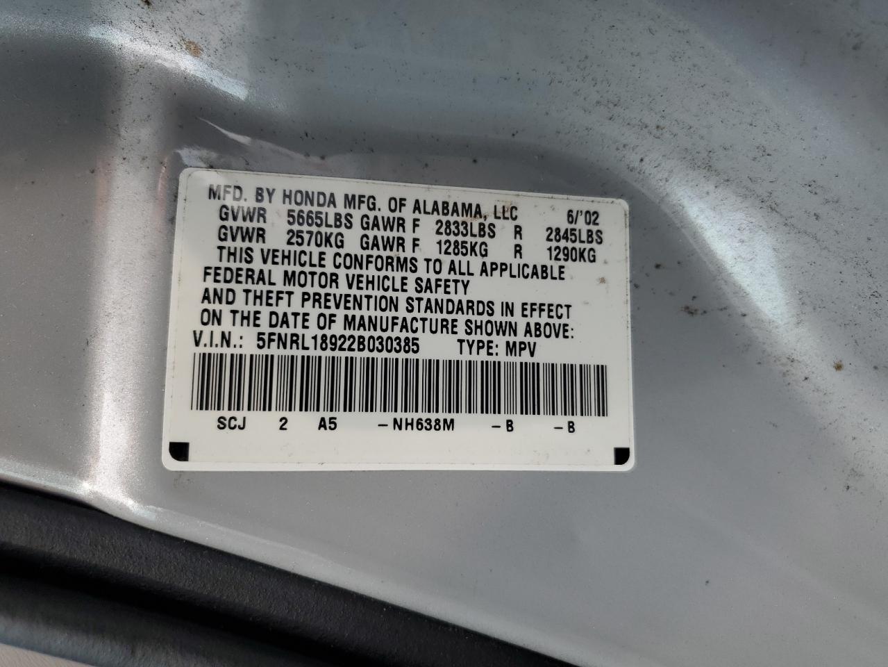 5FNRL18922B030385 2002 Honda Odyssey Exl