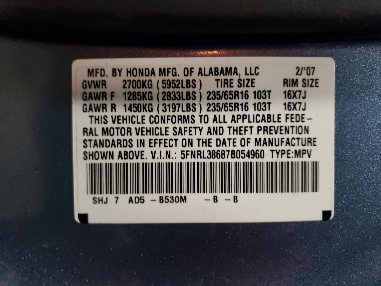 2007 Honda Odyssey Exl VIN: 5FNRL38687B054960 Lot: 68171224