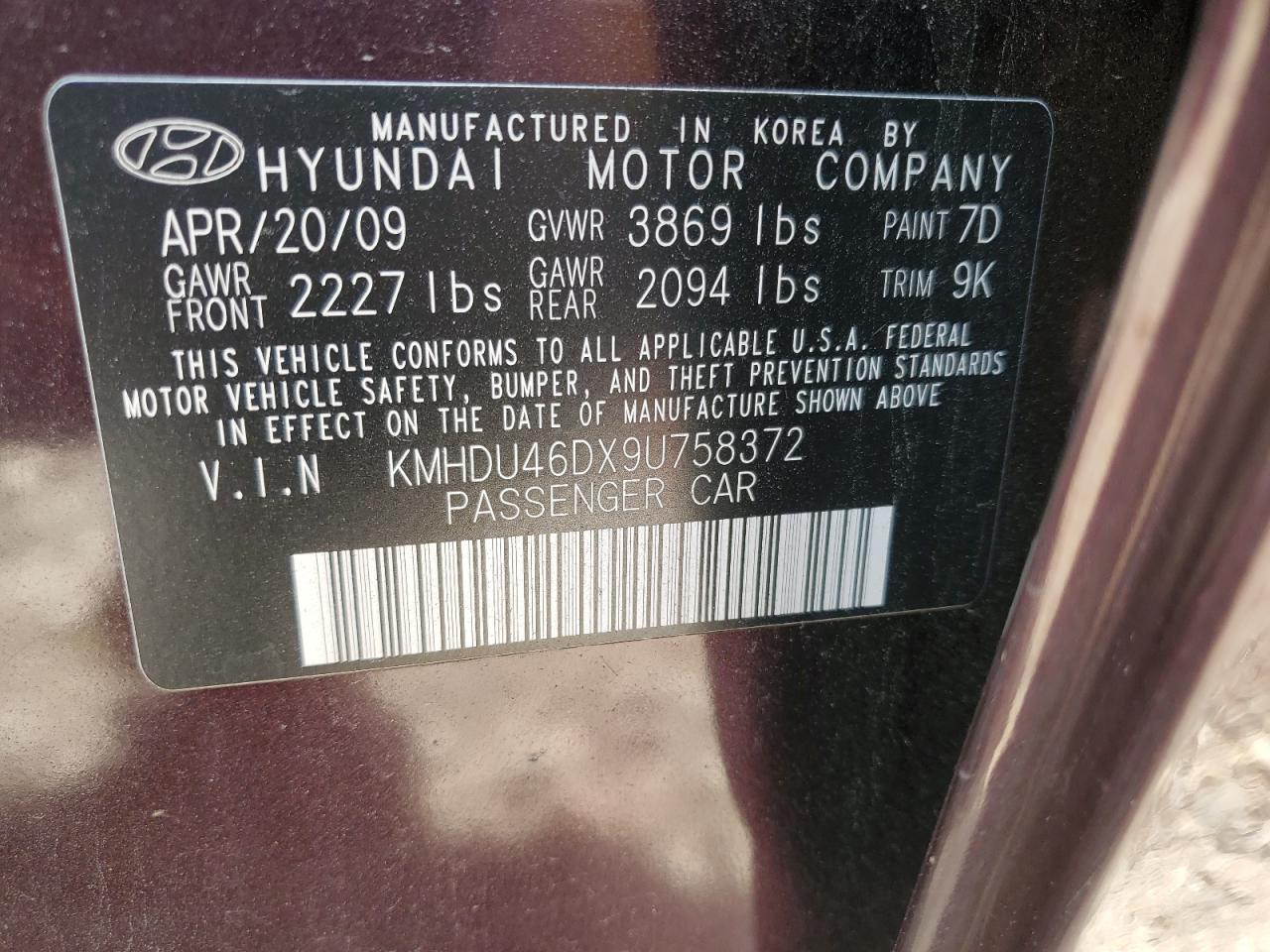 2009 Hyundai Elantra Gls VIN: KMHDU46DX9U758372 Lot: 68888774