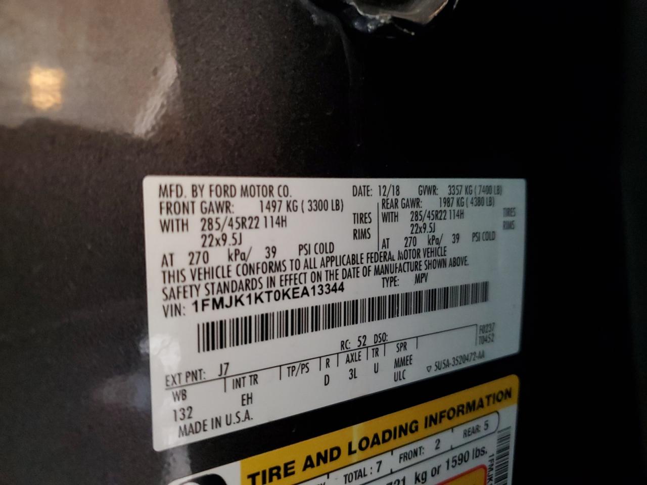 2019 Ford Expedition Max Limited VIN: 1FMJK1KT0KEA13344 Lot: 65441424