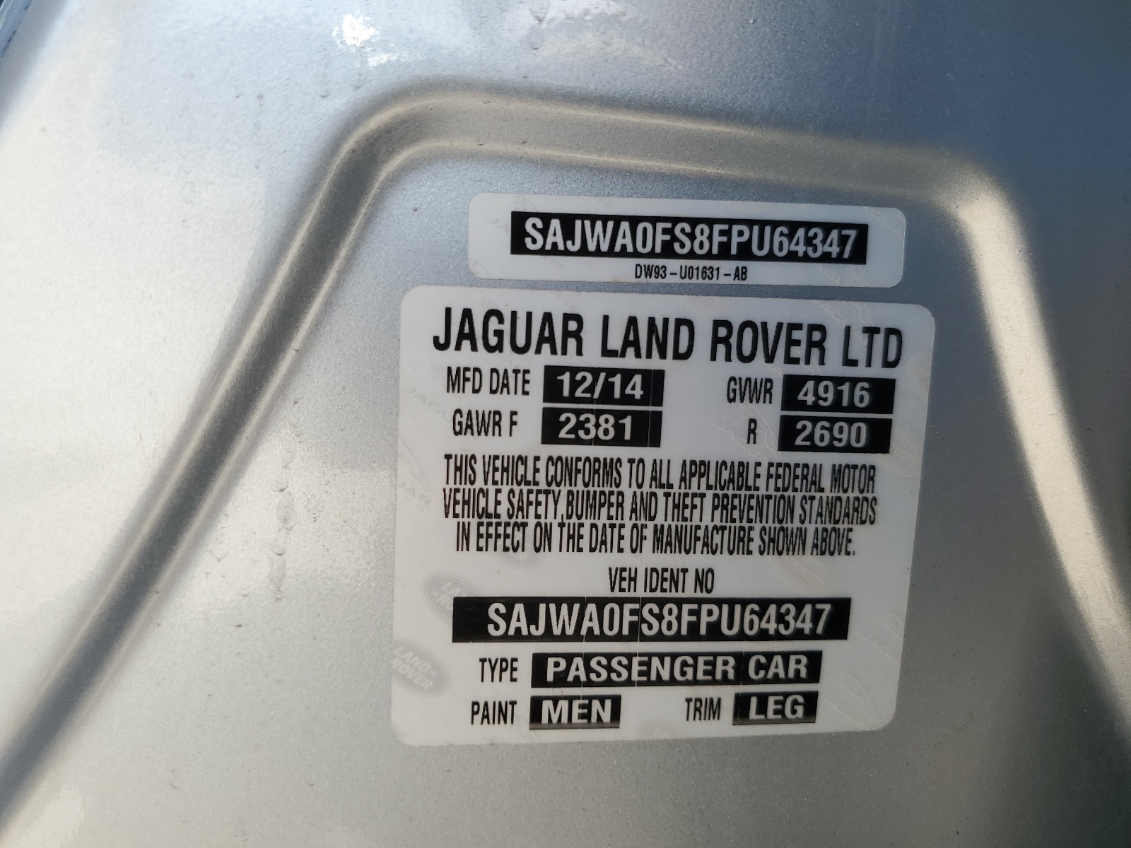 SAJWA0FS8FPU64347 2015 Jaguar Xf 2.0T Premium