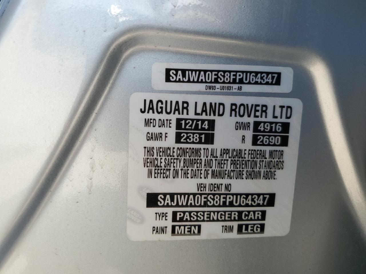 2015 Jaguar Xf 2.0T Premium VIN: SAJWA0FS8FPU64347 Lot: 66928174