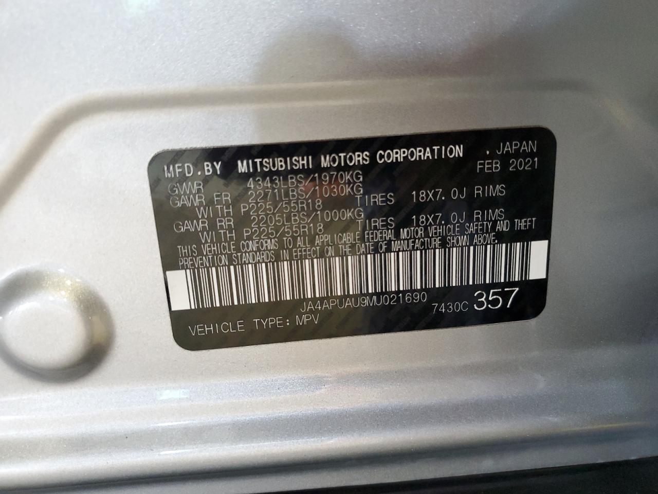 2021 Mitsubishi Outlander Sport Es VIN: JA4APUAU9MU021690 Lot: 65726394