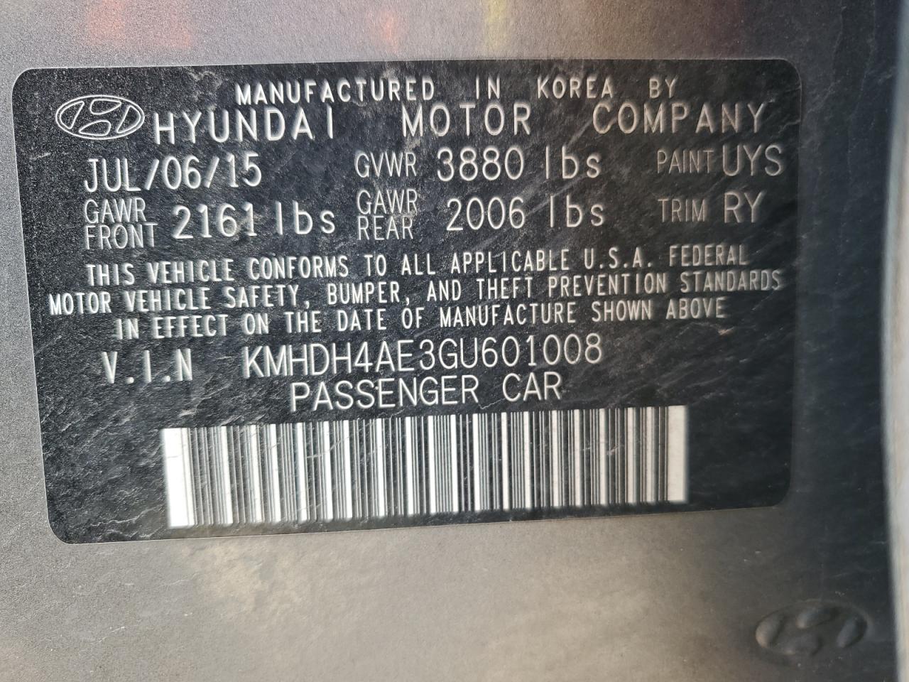 2016 Hyundai Elantra Se VIN: KMHDH4AE3GU601008 Lot: 66375784