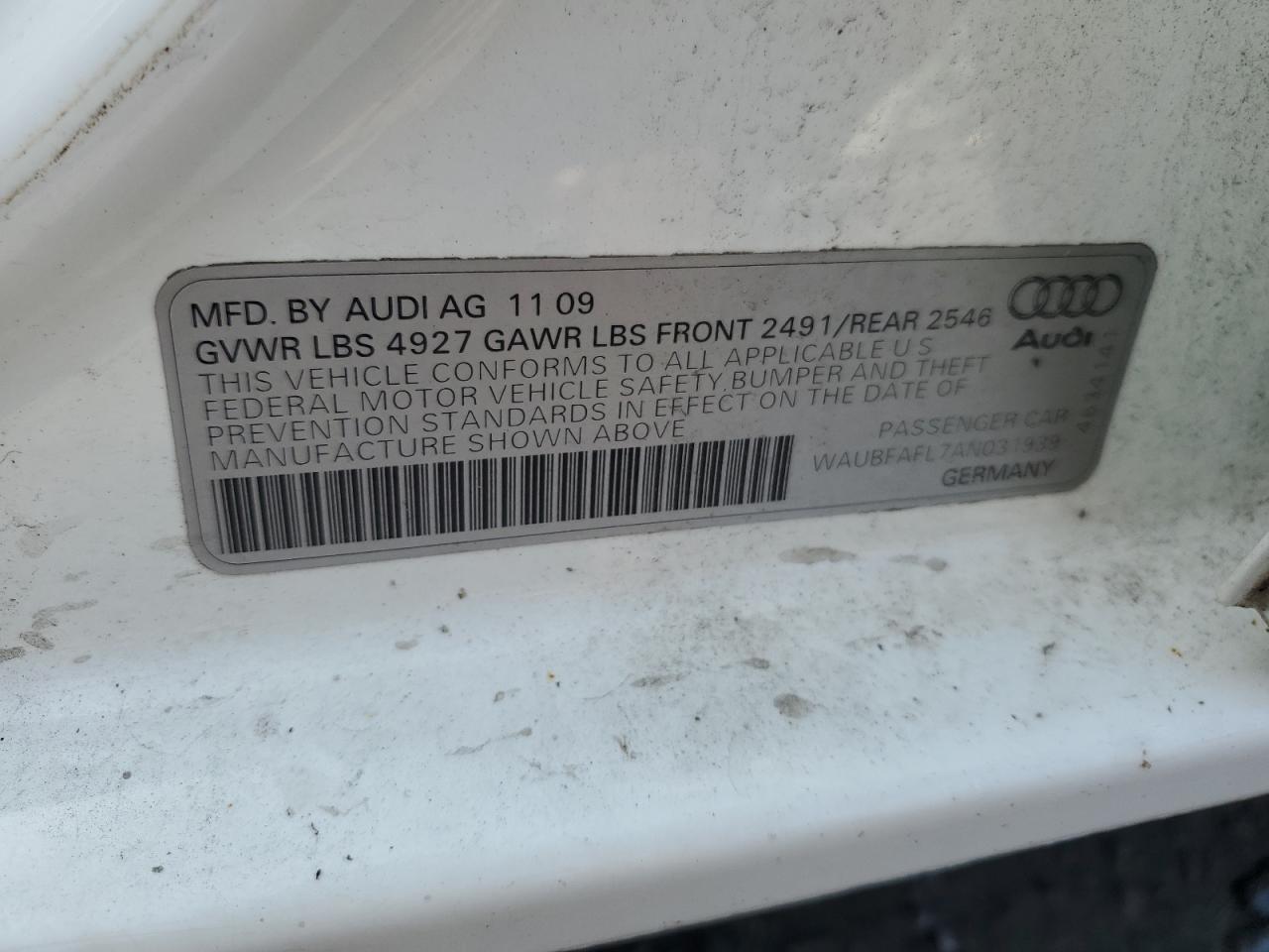 2010 Audi A4 Premium VIN: WAUBFAFL7AN031939 Lot: 65434834