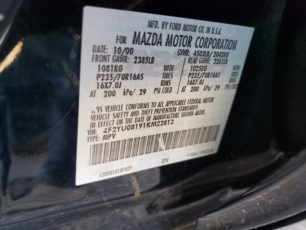 4F2YU08191KM22813 2001 Mazda Tribute Lx