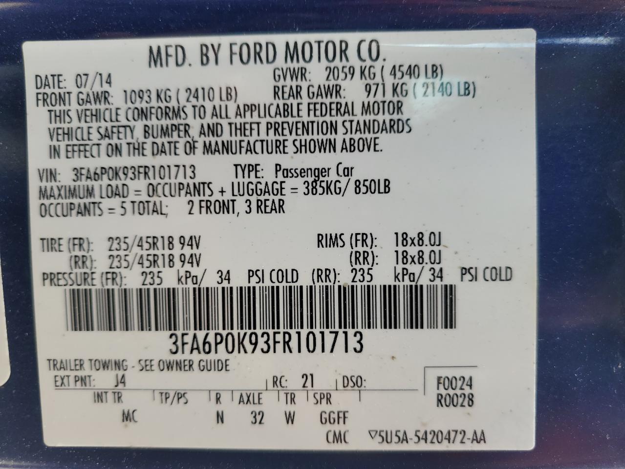 2015 Ford Fusion Titanium VIN: 3FA6P0K93FR101713 Lot: 68056294